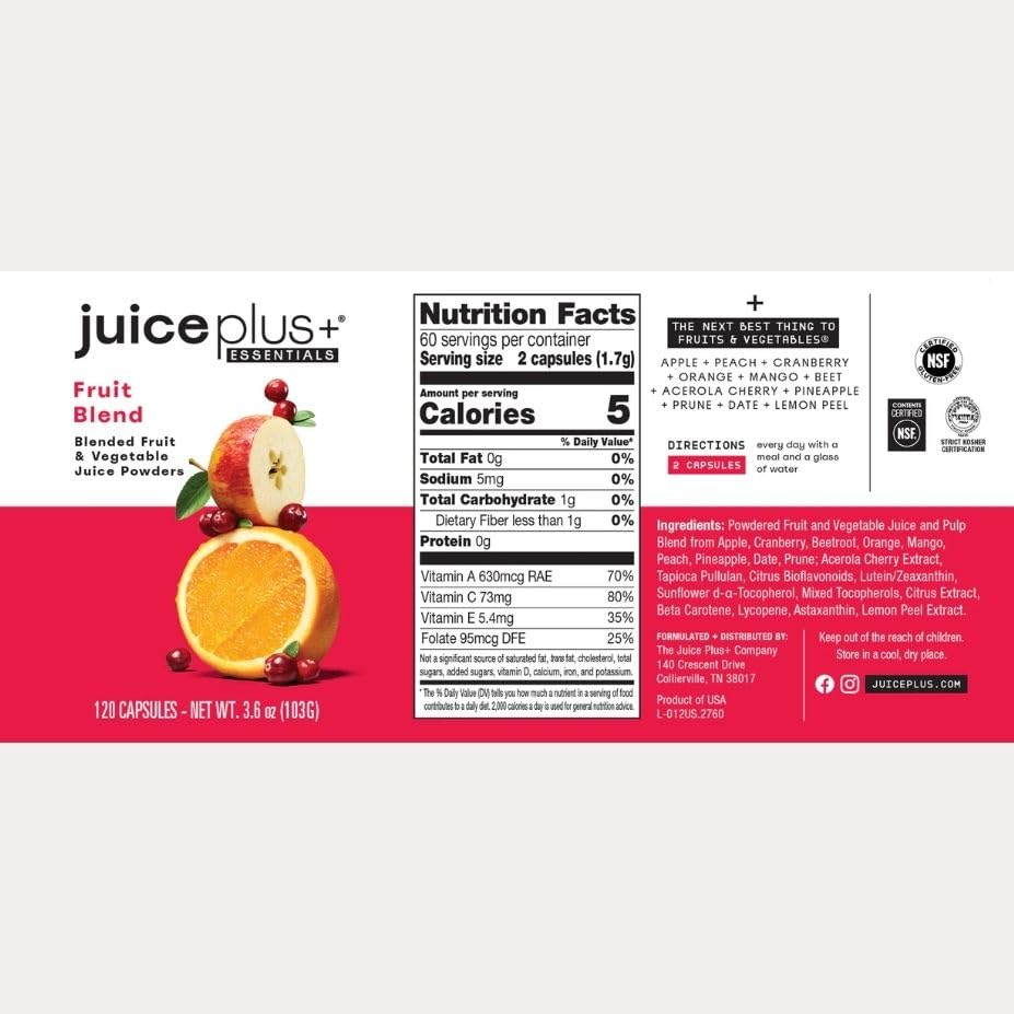 Juice Plus+ Fruit Blend supplement container with capsules on a white background