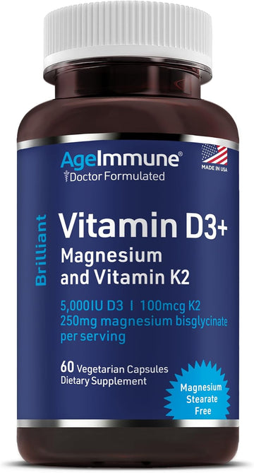 AgeImmune Brilliant D3+ Complex - 60 Capsules - 5000 IU Vitamin D3 + K2 + Magnesium Glycinate Supplement - Doctor Formulated for Immune & Bone Support - No Stearates, No Dioxides