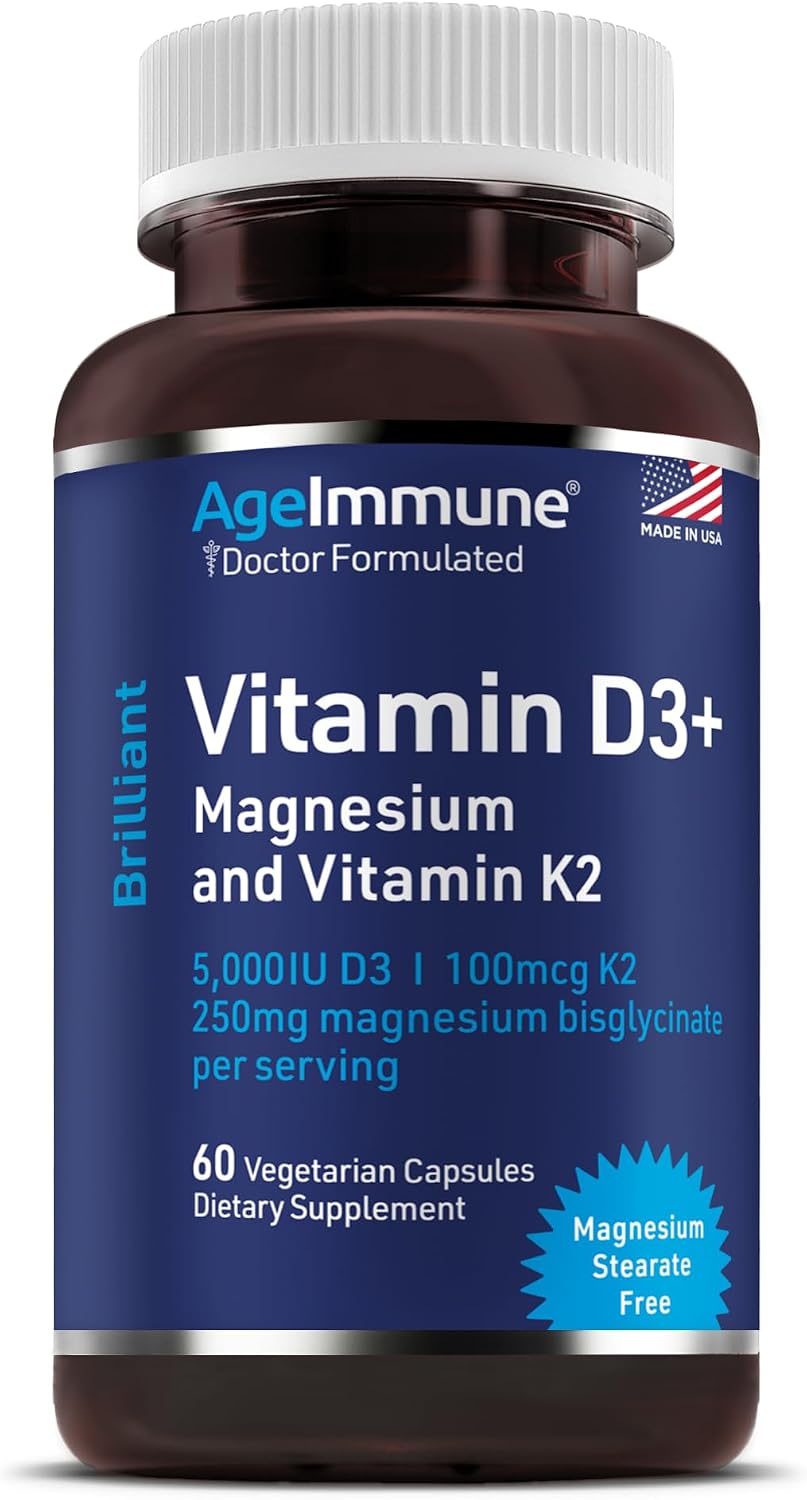 AgeImmune Brilliant D3+ Complex - 60 Capsules - 5000 IU Vitamin D3 + K2 + Magnesium Glycinate Supplement - Doctor Formulated for Immune & Bone Support - No Stearates, No Dioxides