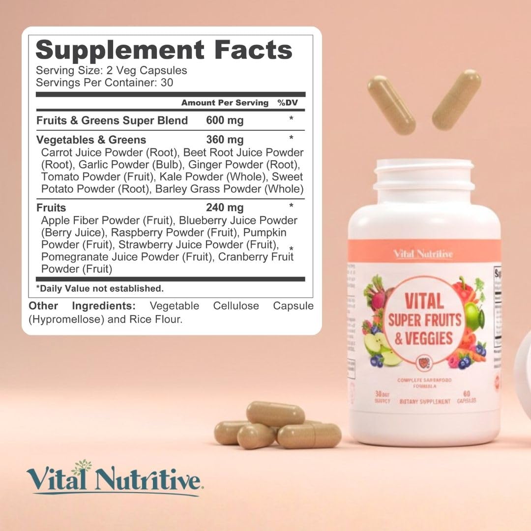 Two bottles of Vital Nutritive Super Fruits & Veggies supplements on a white background