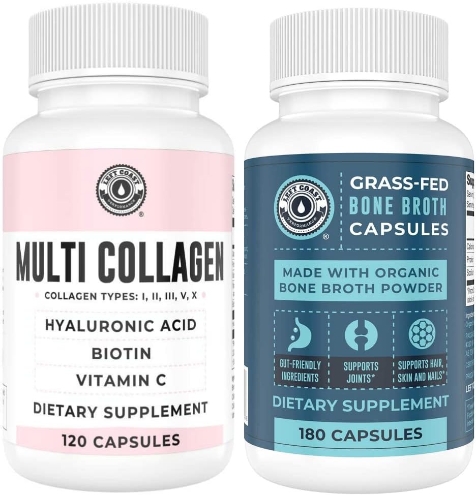 Left Coast Performance 120ct Multi Collagen Capsules with Biotin and 180ct Organic Bone Broth Capsules