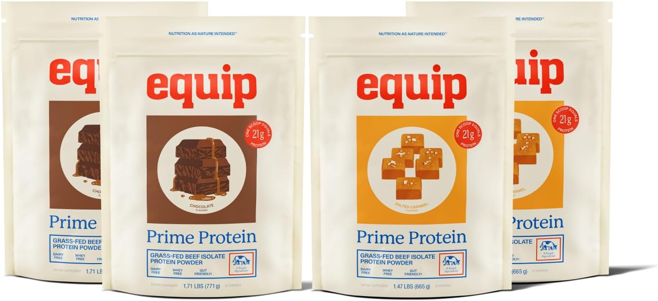 Equip Foods Chocolate Prime Protein Powder - Salted Caramel (x2) & Chocolate (x2) - Grass-Fed Isolate Beef Protein Powder - Paleo and Gluten Free - Helps Build and Repair Tissue