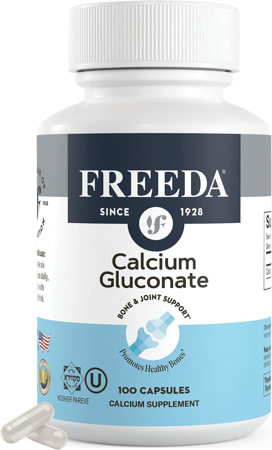 FREEDA Calcium Gluconate Supplement for Bone & Joint Support – 100 Capsules | Supports Teeth & Muscle Health – Pure Calcium w/o Vitamin D – Gentle on Stomach, Easy-to-Digest, Kosher, Vegan, Made in USA