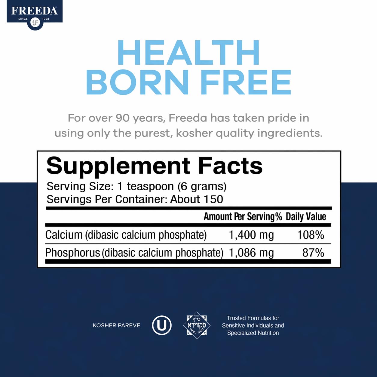 Freeda Calcium Phosphate Powder Mineral Supplement - 16 oz | Kosher Calcium and Phosphorus Powder Supplement to Support Bone Strength & Joint Health for Men, Women, Dogs, and Cats