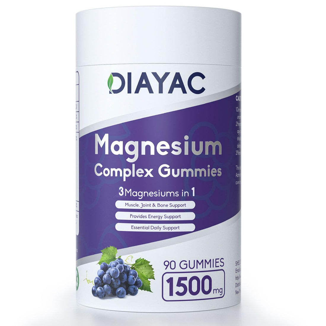 DIAYAC Magnesium Complex Gummies packaging with gummies and grapes on a white background