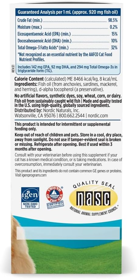 Nordic Naturals Omega-3 Fish Oil for Cats, w/EPA & DHA, Liquid - 2oz | 304mg Omega-3 per mL for healthy skin & coat. Reduces shedding, improves shine. Easy liquid format mixes with food. Non-GMO
