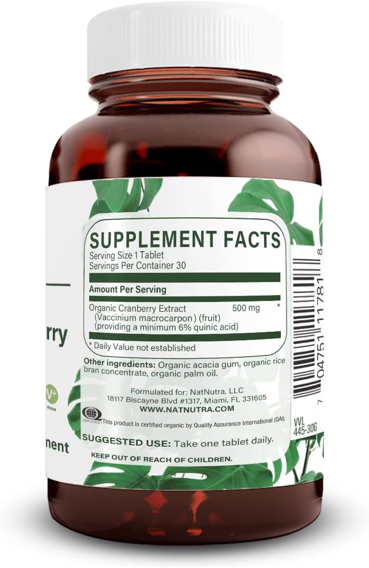 Natural Nutra Organic Cranberry Extract Supplement, Help Prevent Urinary Ailment, Promotes Bone Health, Help Maintain Heart Health, Improve Digestion, Promote Skin Health, 30 Tablets, One Month Supply
