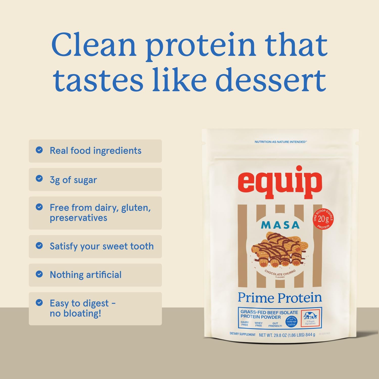 Equip Prime Chocolate Churro Protein Powder - Gut-Friendly, No Sugar Protein Shake Powder with Grass-Fed Beef & Natural Collagen - Rich & Creamy Mix - 21g Per Serving - Whey & Dairy-Free (30 Scoops)