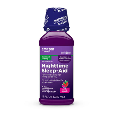 Amazon Basic Care Nighttime Sleep-Aid Liquid for Adults, Helps Fall Asleep Fast, Diphenhydramine HCl 50 mg, Mixed Berry Flavor, 12 fl oz (Pack of 1) Amazon Basic Care buy supplements Au