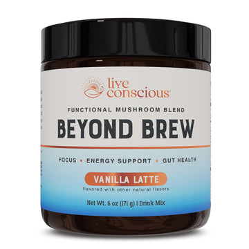 Live Conscious Beyond Brew - Coffee Alternative - Low Caffeine - Mushroom Complex w/Lion’s Mane, Reishi, Cordyceps & Chaga for Sustained Focus, Energy & Immunity - w/Prebiotics & Probiotics - 30