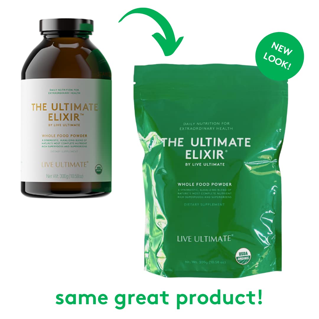 Green package of 'The Ultimate Elixir' by Live Ultimate on a white background