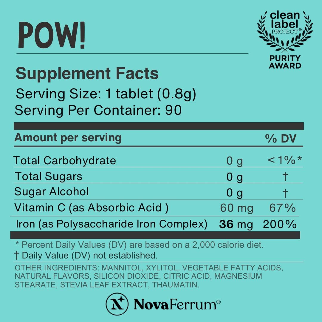 NovaFerrum Pow Chewable Iron Supplement 36mg for Anemic Teens & Adults 12+ | For Ages 12+ | Helps with Anemia and Iron Deficiency | Sugar Free, Vegan, Gluten Free Certified | 90 Servings
