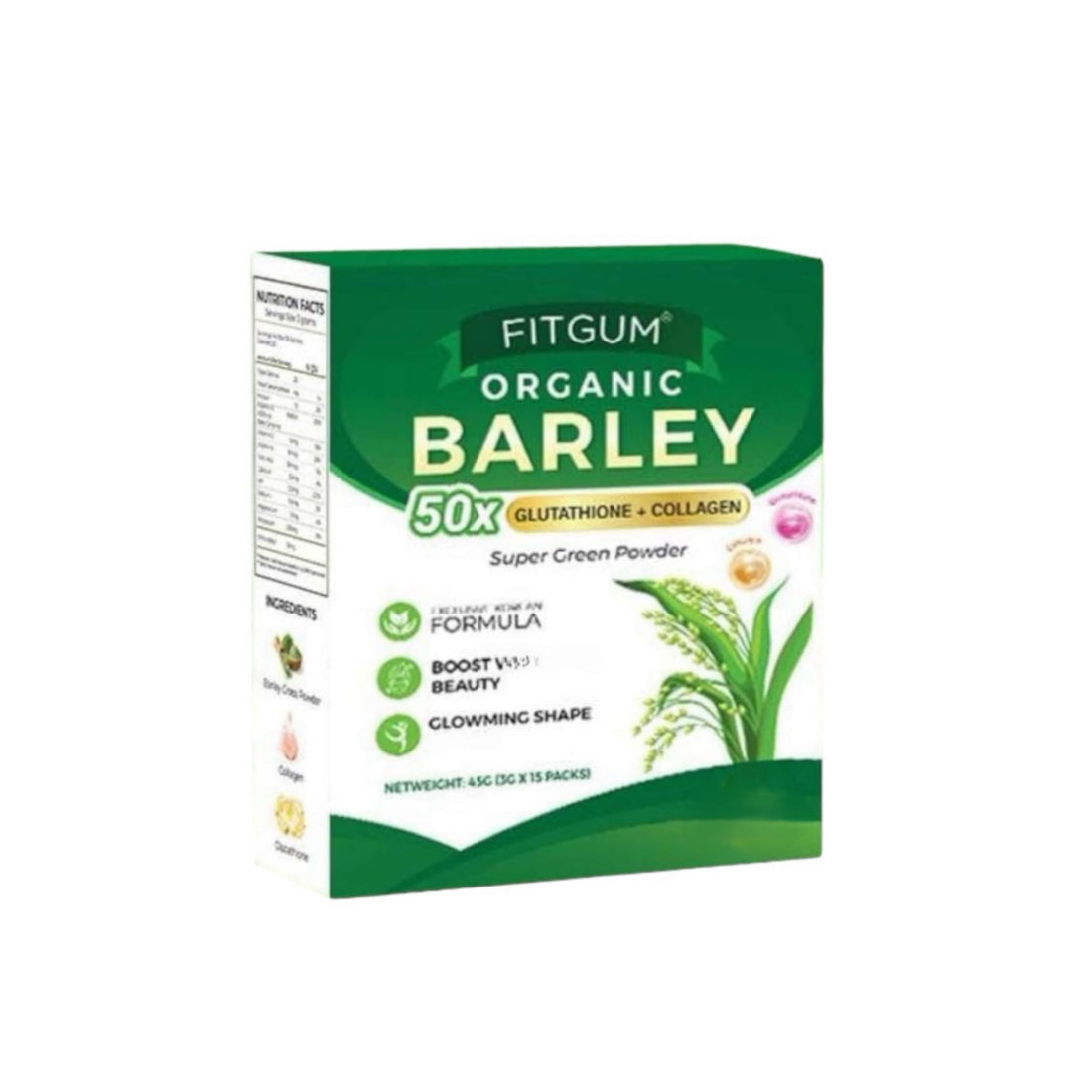 FitGum Organic Barley 50x packaging with green packets on a white background