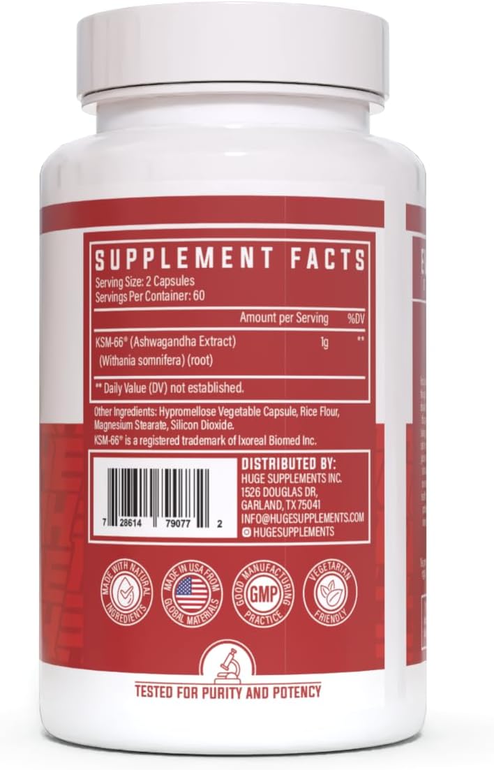 Huge Supplements KSM-66 Ashwaghanda, High Potency 5% Withanolides, 1000mg of Clinically Studied KSM66 (120 Capsules)