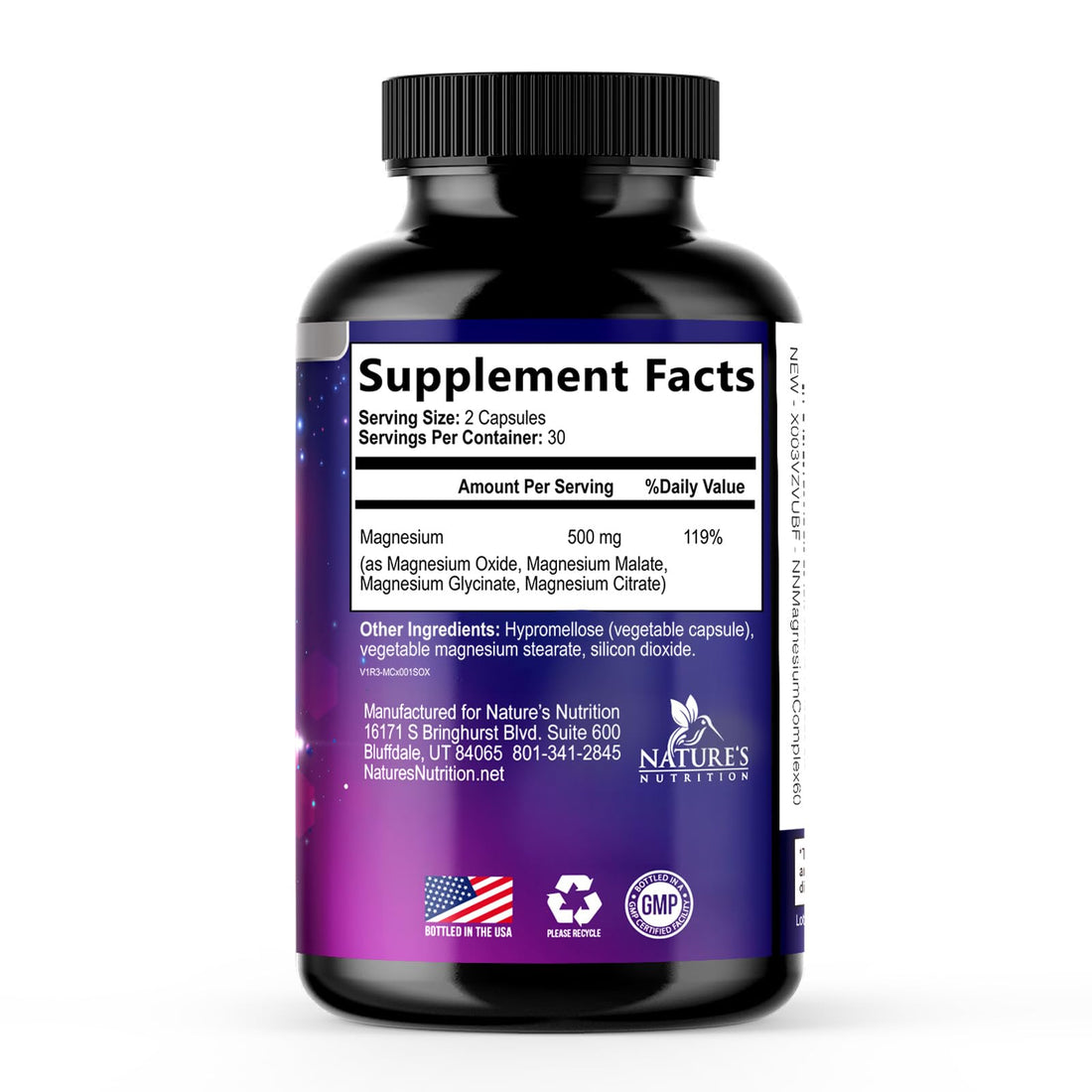 Supplement bottle labeled 'Magnesium Complex' by Nature's Nutrition on a black background.