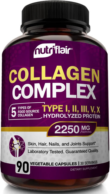 NutriFlair Multi Collagen Peptides 2250mg, 90 Capsules - Type I, II, III, V, X - Collagen Supplements Complex Powder Pills for Women and Men - Hydrolyzed Protein, Healthy Hair, Skin, Nails - Non-GMO