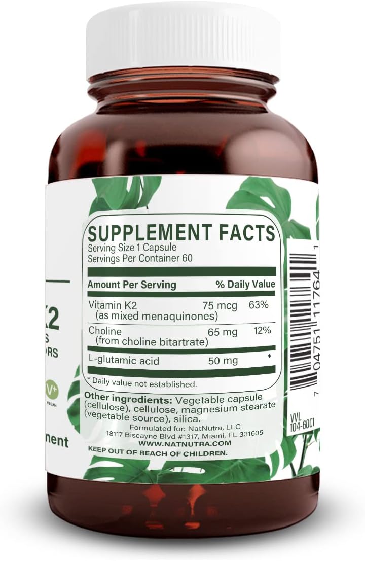 Natural Nutra Full Spectrum Vitamin K2 Supplement 75 mcg 60 Capsules | Supports Cardiovascular Health, Liver Function, Metabolic Health, Heart Health &Helps Promote Bone & Dental Health