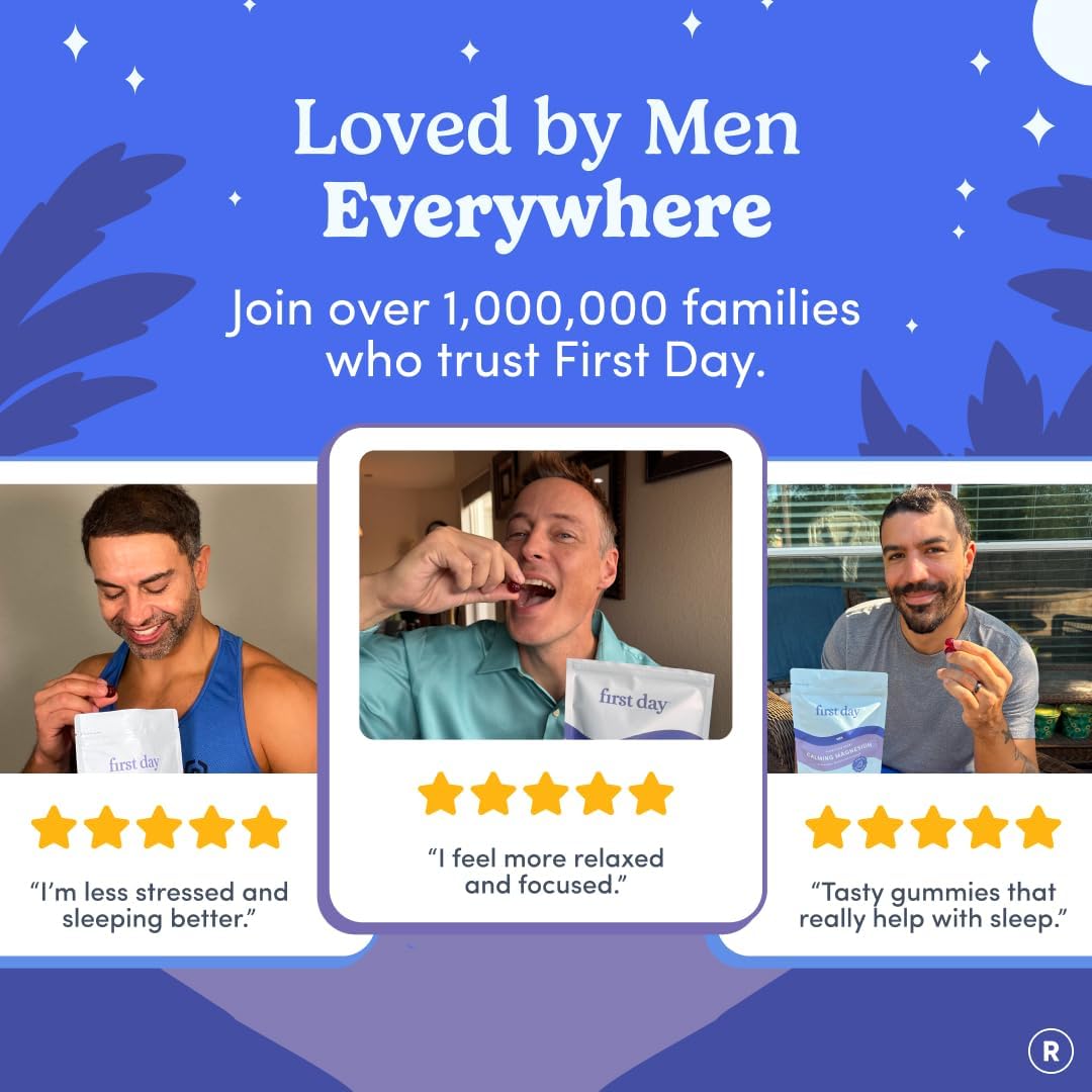 FIRST DAY Calm Magnesium Gummies for Men, L-Theanine, Melatonin-Free, 60ct | Vegan strawberry citrate magnesium for men with L-theanine and Zembrin; melatonin-free nighttime relaxation support.