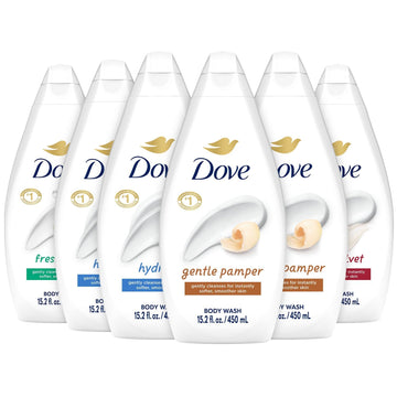 Dove Moisturizing Body Wash, Variety 6-Pack, 15.2 Oz Ea | Hydrate 2-Pack + Gentle Pamper, Fresh Care, and Silky Velvet | Moisturizing Shower Gel Liquid, Instantly Replenish Dry Skin