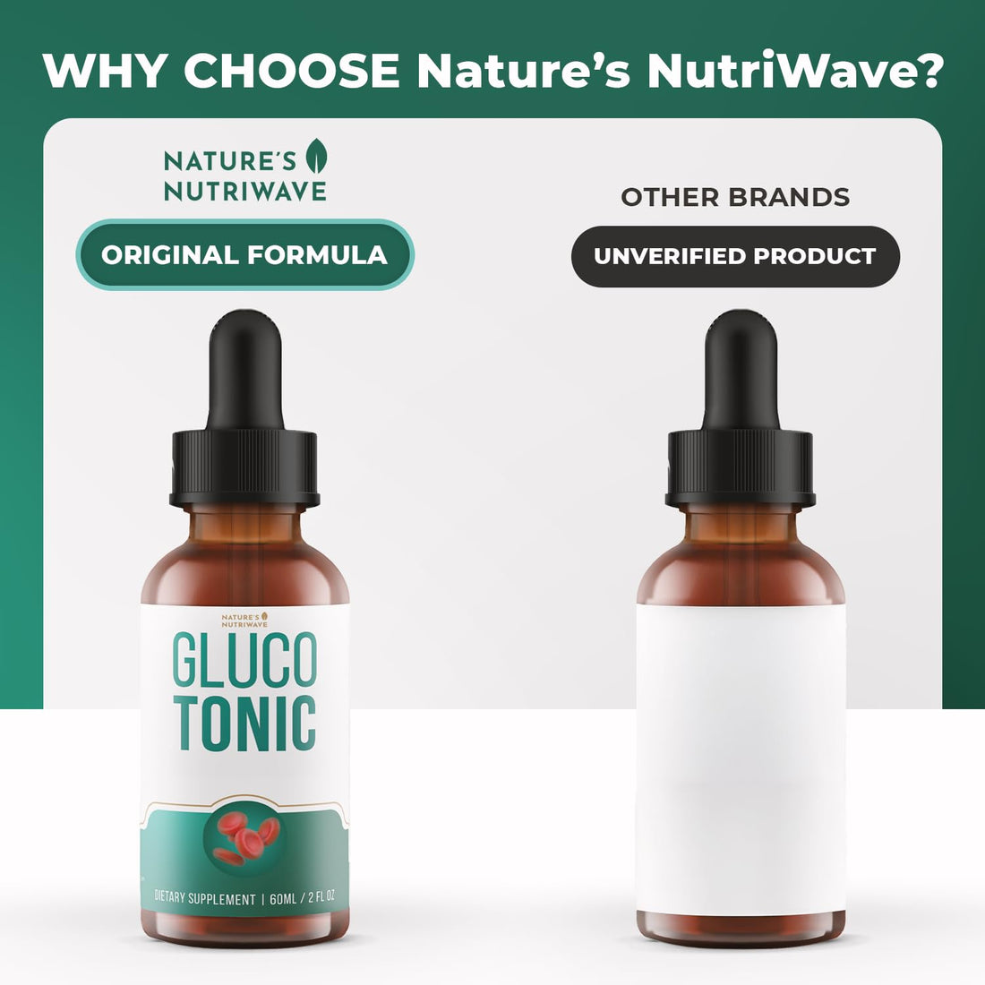 Bottle of Gluco Tonic with natural ingredients on a white background