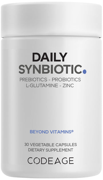 Codeage Daily Synbiotic Supplement - Prebiotics, Lactobacillus & Bifidobacterium Probiotics, L-Glutamine, Zinc L-Carnosine, DGL, Synbiotic Probiotic, BioPerine - Shelf-Stable - 30 Capsules CodeageBuy Supplements Australia