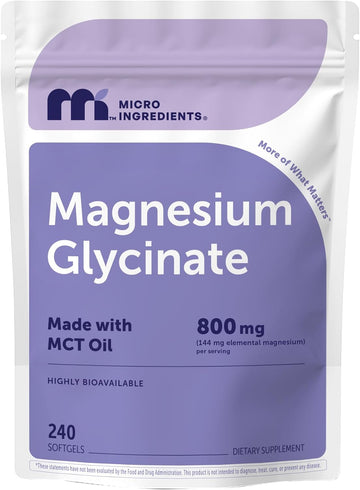 Micro Ingredients Magnesium Glycinate 800 mg Per Serving, 240 Softgels | Chelated Magnesium Supplement with MCT Oil | Non-GMO, Gluten Free, No Soy