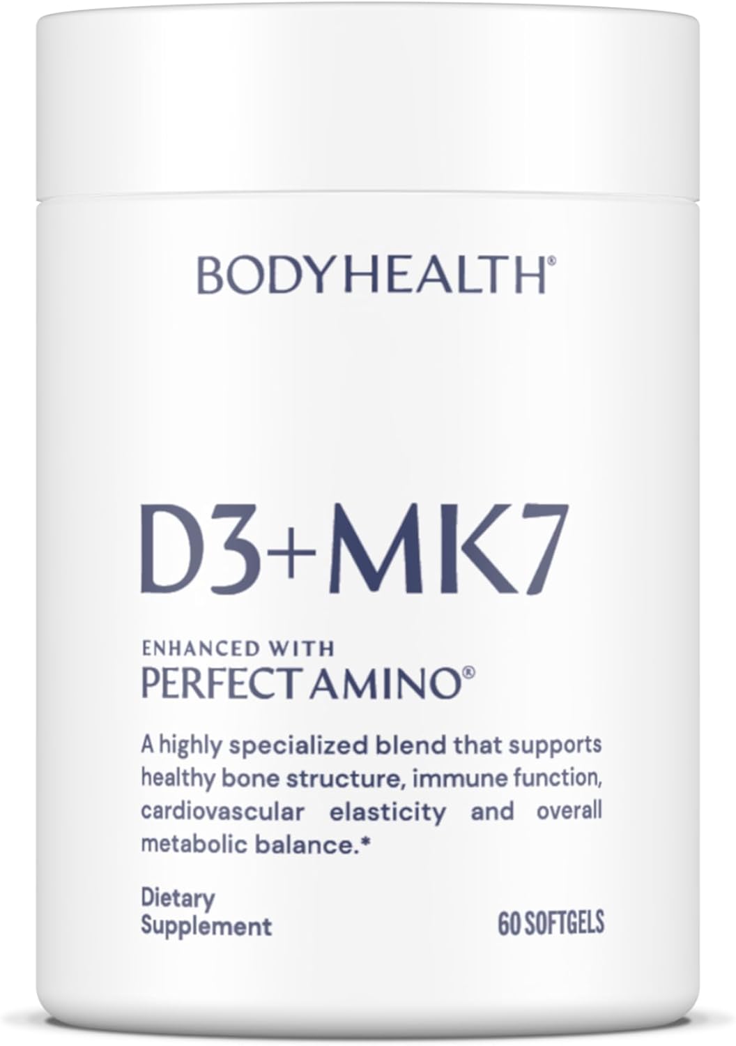 BodyHealth D3 + MK7 - Vitamin D3 5000IU, Vitamin K1, Vitamin K2 - Easy to Swallow Supplement, Supports Bone Strength & Calcium Absorbtion* - 60 Softgels