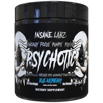 Insane Labz Psychotic Black Edition Mid Stimulant Pre Workout Powder, Energy Focus Pumps, Loaded with Creatine Beta Alanine Taurine Fueled by AMPiberry, 35 Servings (Blue Raspberry)