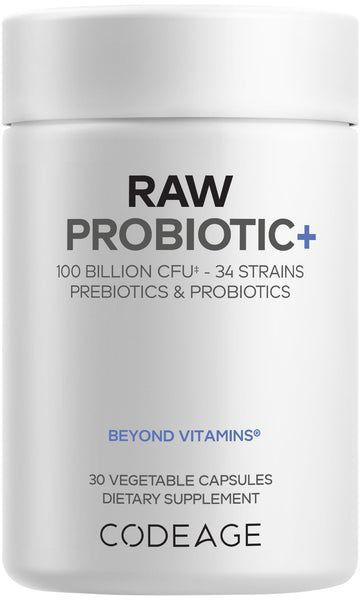 Codeage Raw Probiotic+ Supplement - 34 Probiotic Strains, 100 Billion CFUs, Raw Whole Food Probiotics, Digestive Enzymes, Raw Fruits & Veggies Prebiotics - Wild Kefir Culture - Non-GMO - 30 Capsules CodeageBuy Supplements Australia