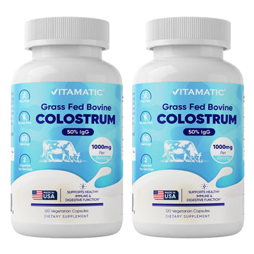 Vitamatic Bovine Colostrum Supplement 1000 mg per Serving - 50% Highest IgG - Supplement for Gut Health, Hair Growth, Beauty, Muscle Recovery, & Immune Support - 120 Capsules - 2 Pack VitamaticBuy Supplements Australia