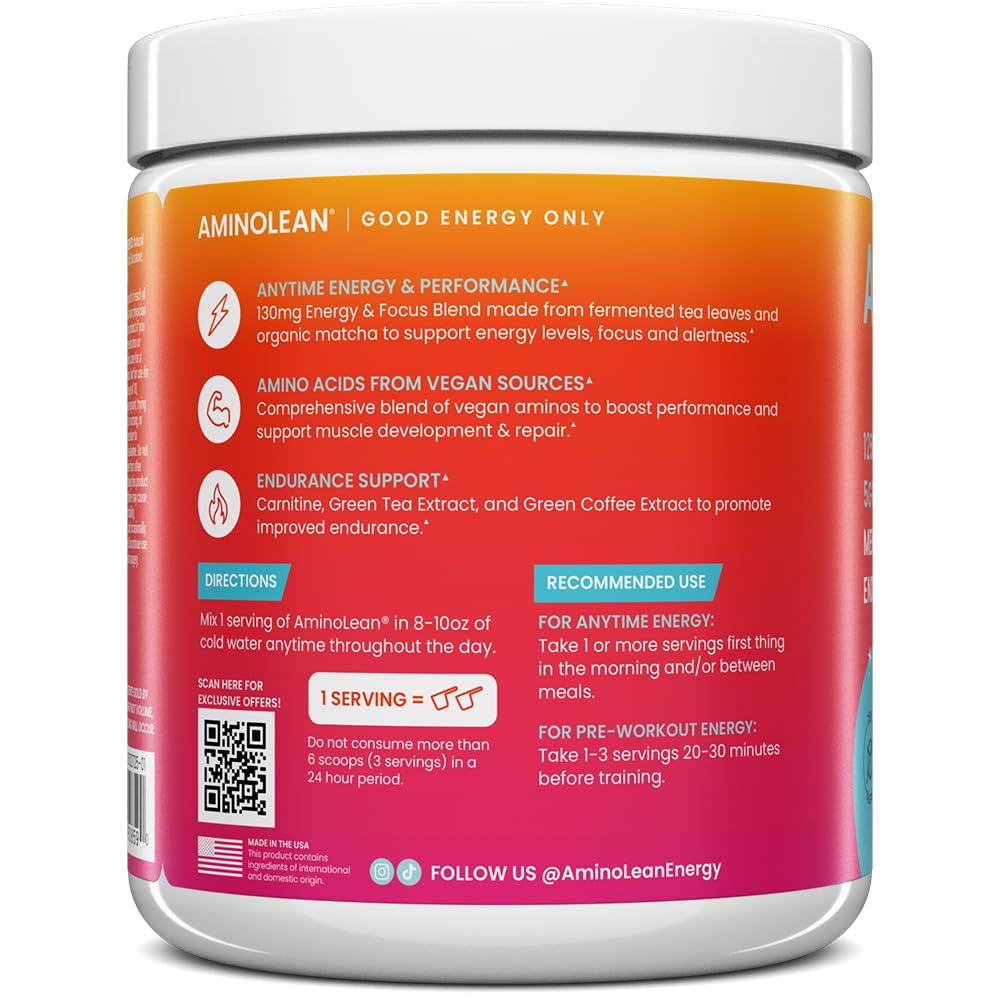 AminoLean Pre Workout Powder & Natural Amino Energy with Vegan BCAA + EAA | Jitter-Free Preworkout Energy from Green Tea + Amino Acids & Weight Management for Women & Men - Vegan, Zero Sugar, No Crash