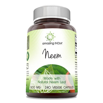 Amazing India Neem (Made with Natural Neem Leaf) 500 mg Veggie Capsules Supplement | Non-GMO | Gluten Free | Made in USA | Suitable for Vegetarians (240)