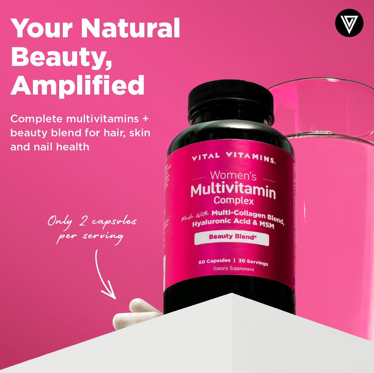 Vital Vitamins Women's Multivitamin Complex with Collagen & Hyaluronic Acid | 25 Vitamins and Minerals, Multi-Collagen Blend, Hyaluronic Acid & MSM for Hair, Skin & Nails, 60 Capsules