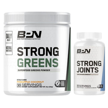 Two supplement containers labeled 'Strong Greens' and 'Strong Joints' by BPN on a white background.