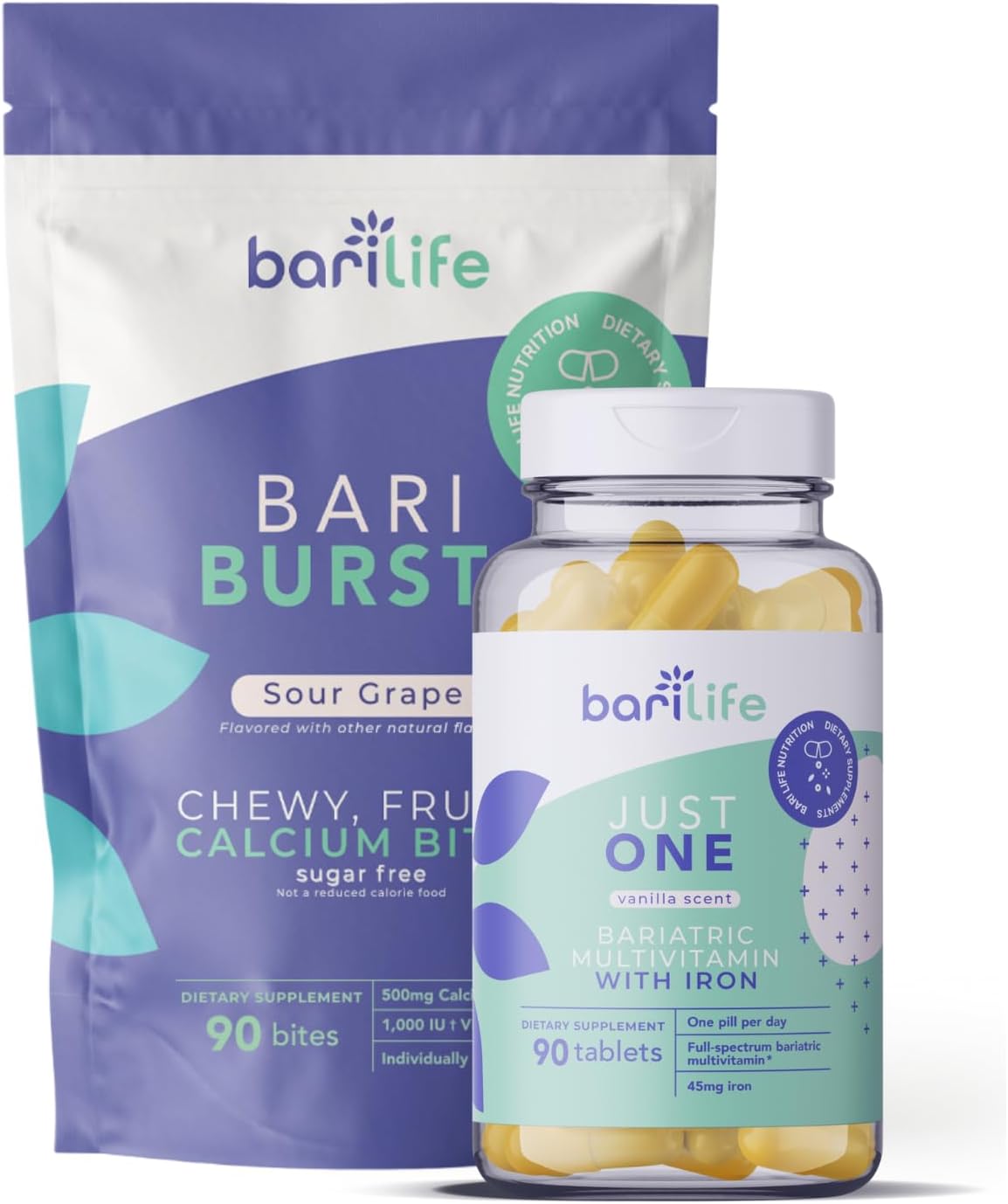 Bari Life Just One, Once Daily Bariatric Multivitamin with Iron (90 Tablets) and BariBurst Calcium Citrate Soft Chews for Gastric Bypass, Gastric Sleeve and Duodenal Switch (Sour Grape)