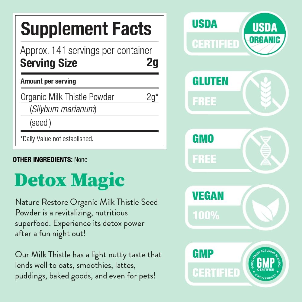 Nature Restore Organic Milk Thistle Seed Powder (10 oz). Pure Silybum Marianum for Detox, Cleanse & Antioxidant Support. Natural Silymarin Flavonoids, Bulk Powder for DIY Capsules & Smoothies