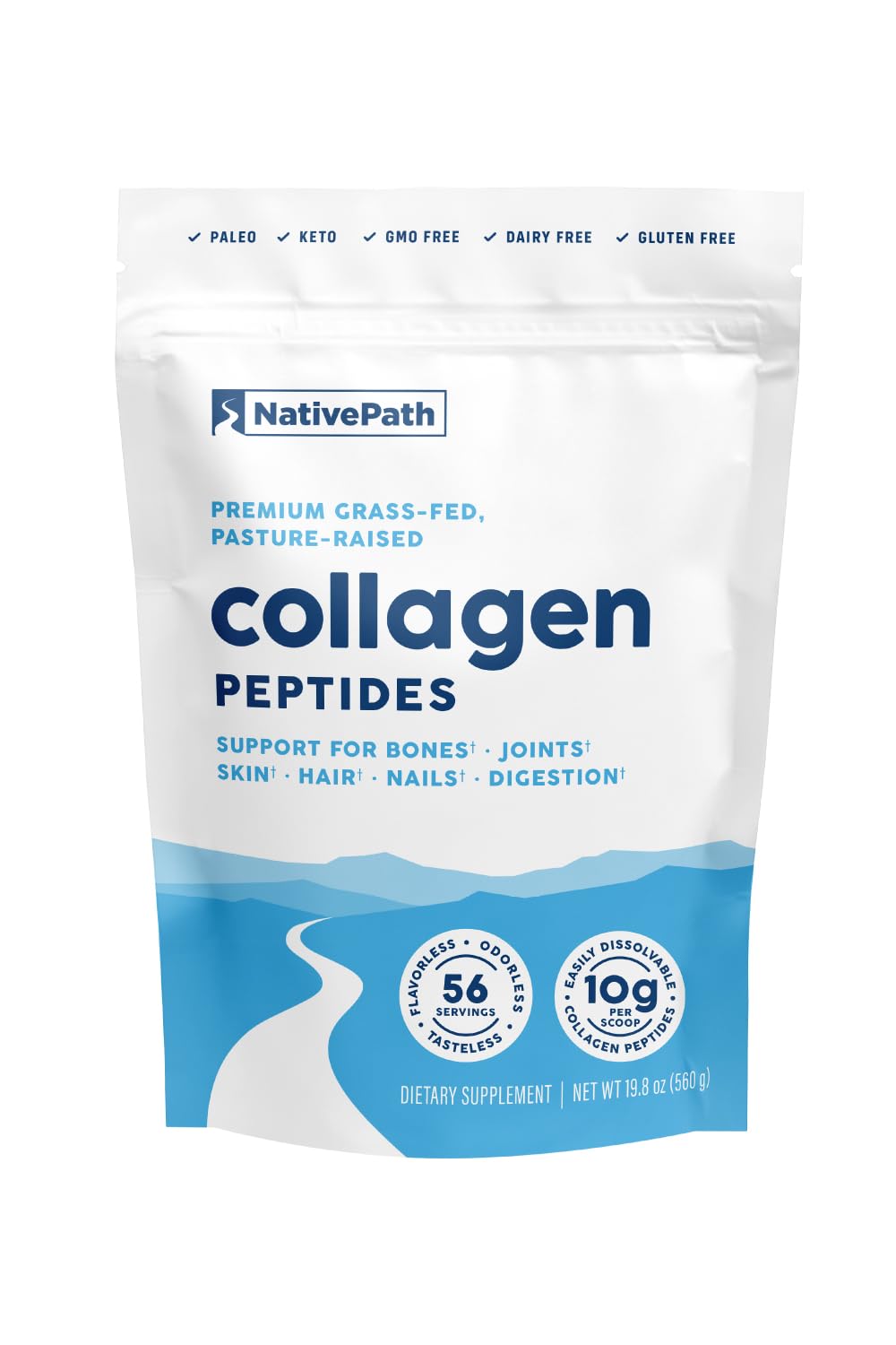 NativePath Collagen Peptides, Grass-Fed Type 1 & 3, 45 Servings | 10g Hydrolyzed Per Scoop, Supports Hair, Skin, Nails & Joints, Unflavored, Women & Men, Keto & Paleo