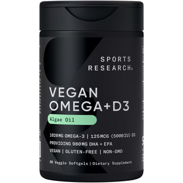 Sports Research Vegan Omega-3 with Vitamin D3 Softgels - 1020mg Omega-3 & 5000iu D3 Supplement - Fish Oil Alternative with Vitamin D Plant-Based Support from Algae Oil - 60 Veggie Softgels for Adults Sports Research buy supplements Au