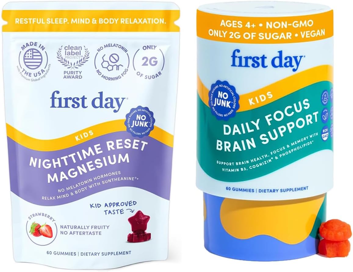 FIRST DAY Kids Calming Gummies (Strawberry) & Brain Focus Gummies (Peach) for Rest & Attention | Mood & Energy | No Melatonin | Stimulant-Free | Clean Label Project Verified® | Vegan | 30-Day Supply