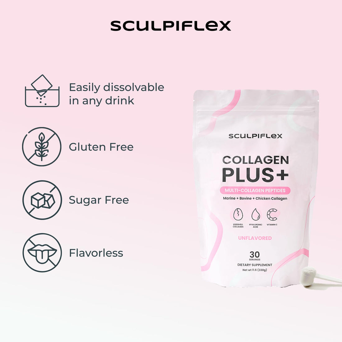 Sculpiflex Hydrolyzed Collagen Peptides Powder, Marine, Bovine, and Chicken Unflavored Multi Collagen Complex for Women, Firms Skin and Boosts Elasticity, Hydrating with Hyaluronic Acid (30 Servings) SCULPIFLEX buy supplements Au