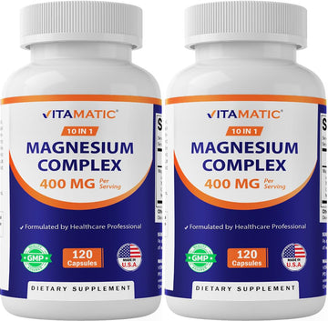 Two bottles of Vitamatic Magnesium Complex dietary supplements on a white background