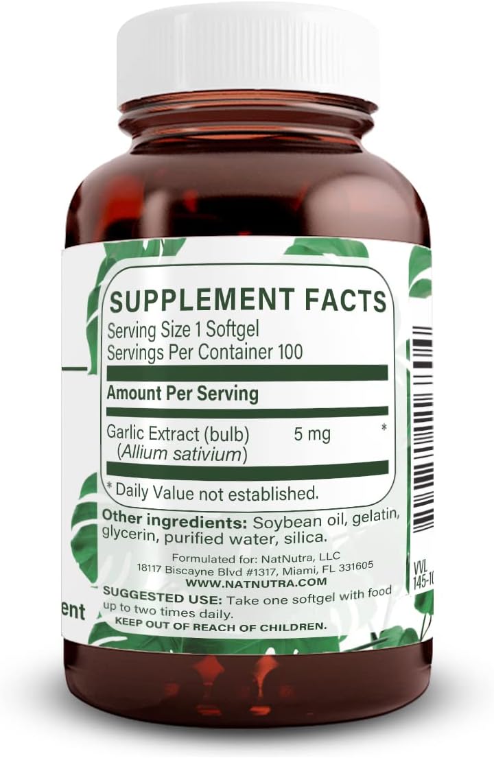 Natural Nutra Odorless Garlic Oil Supplement, Organic Pills for Boost Heart Health & Skin Health, Enhance Immune System, Reduce Cyclical Issue, Maintain Body Fat Oil, Allium Sativum 500mg,100 Softgels