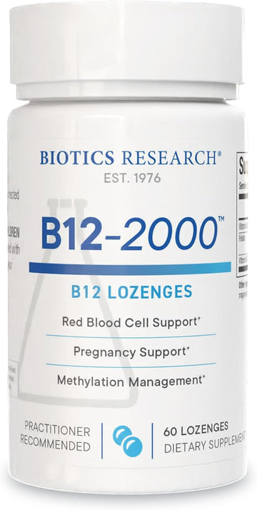 BIOTICS RESEARCH B12-2000™ Vitamin B12 2000 mcg, B6, Folate–B12 Sublingual Lozenges, Methylation Support Supplement, High Potency, Highly Absorbable, Natural, Berry Flavor, Dissolves Easily–60 Count