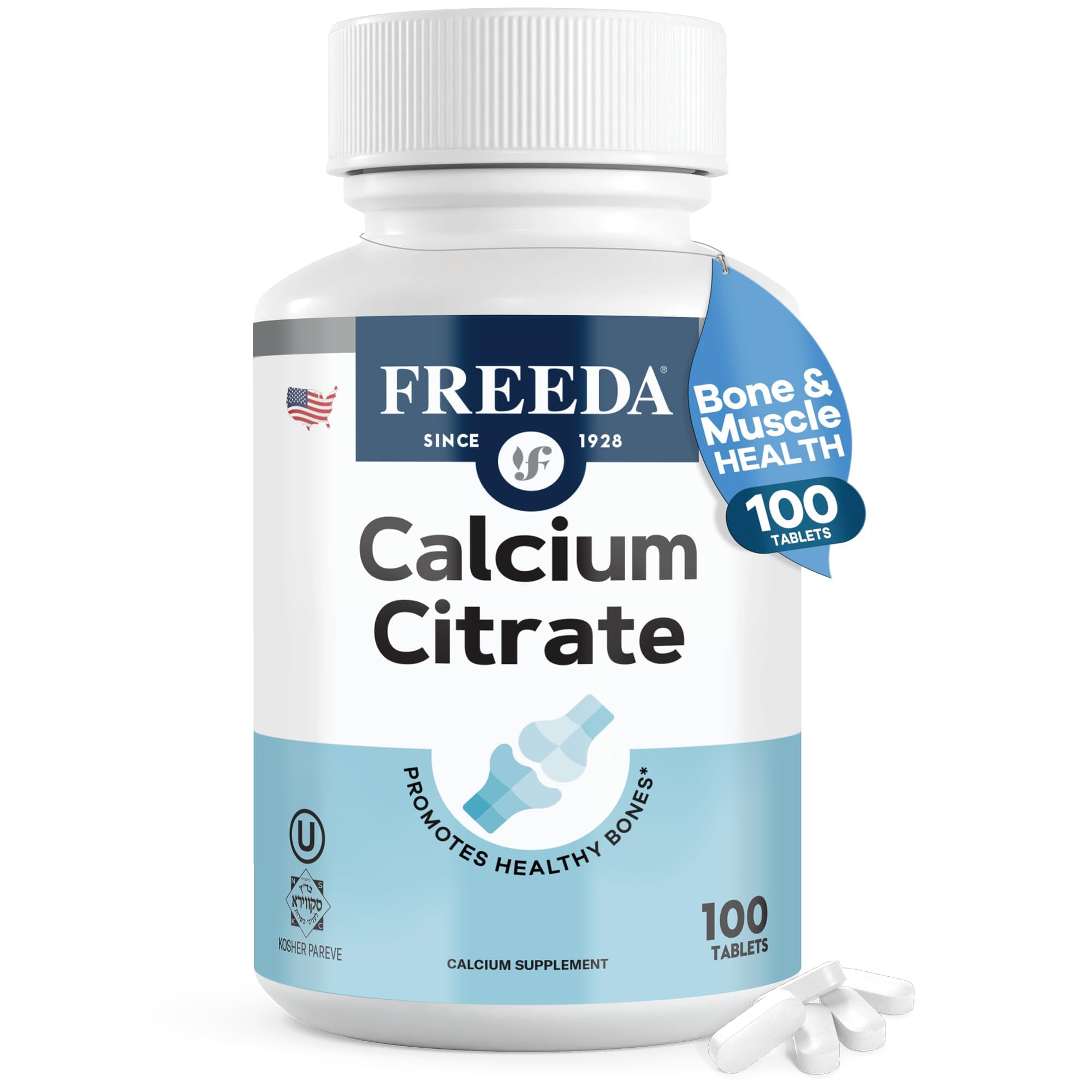 FREEDA Calcium Citrate 1000mg Supplement for Bone Support – 250 Tablets | Supports Bone Strength, Teeth, & Muscle Function – Highly Absorbable Calcium Formula – No Vit D, Vegan, Kosher, Made in USA