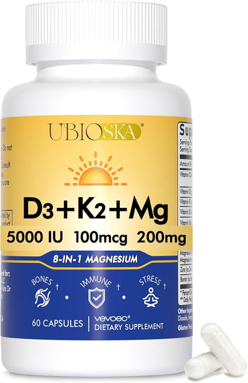 UBIOSKA Vitamin D3 K2 Magnesium, 5000 IU D3, K2 as MK-7, 60 Capsules | 8-form magnesium with glycinate, taurate and malate, plus B vitamins and zinc for daily bone, muscle and immune support