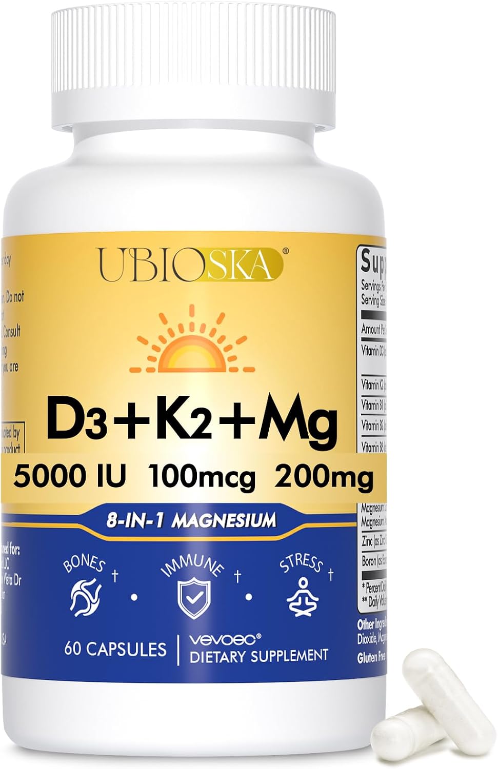 UBIOSKA Vitamin D3 K2 Magnesium, 5000 IU D3, K2 as MK-7, 60 Capsules | 8-form magnesium with glycinate, taurate and malate, plus B vitamins and zinc for daily bone, muscle and immune support