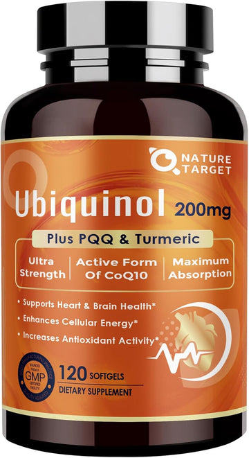 NATURE TARGET Ubiquinol CoQ10 200mg with PQQ & Turmeric, 120 Count | High Absorption Coenzyme Q10 with ALA & Black Pepper, Supports Antioxidant for Brain Health, Energy Production