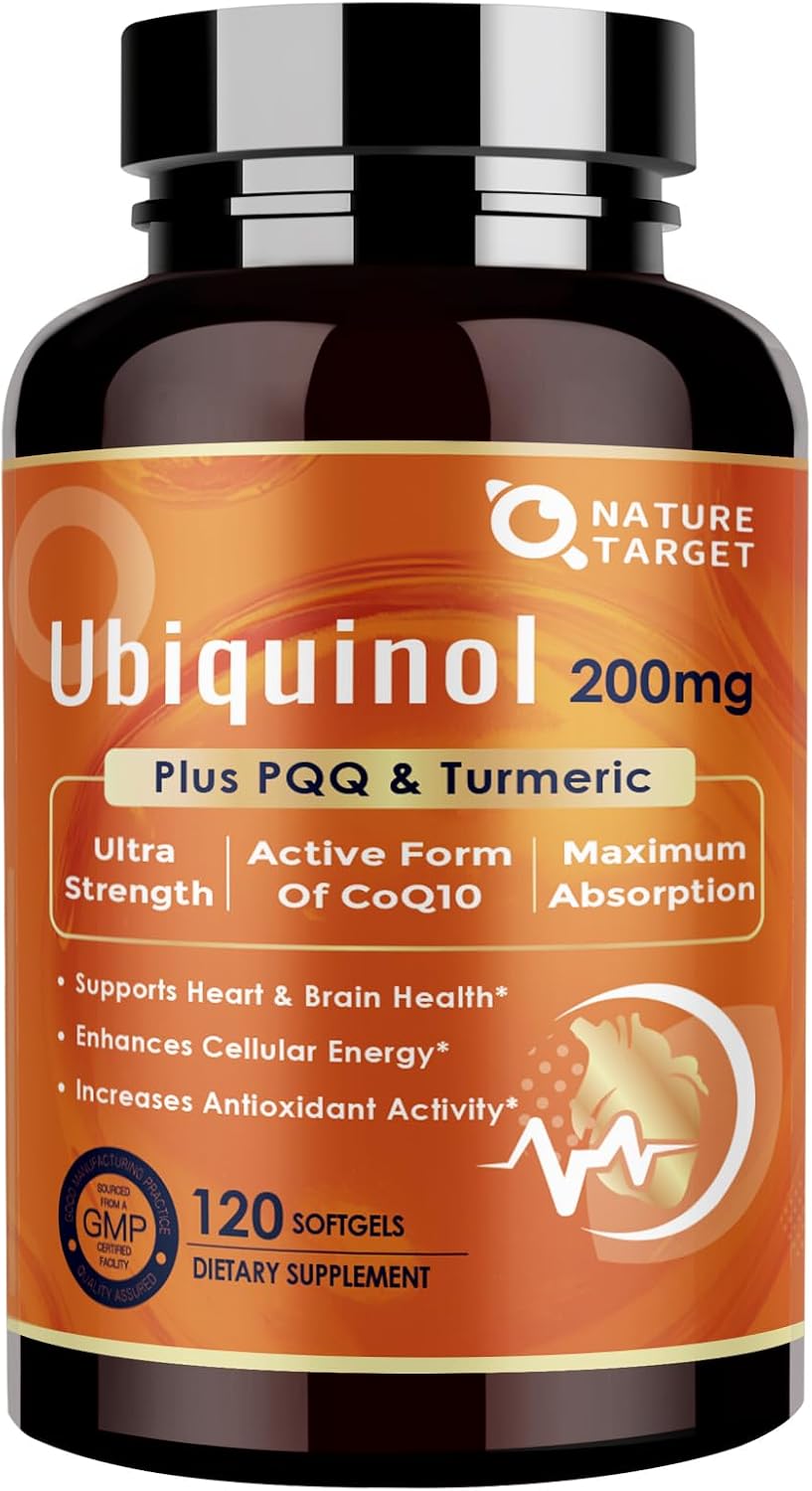 NATURE TARGET Ubiquinol CoQ10 200mg with PQQ & Turmeric, 120 Count | High Absorption Coenzyme Q10 with ALA & Black Pepper, Supports Antioxidant for Brain Health, Energy Production