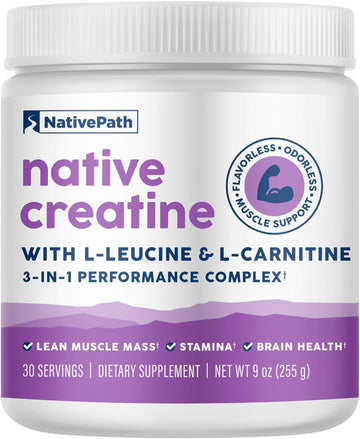 NativePath Creatine Monohydrate, Unflavored, 30 Servings | 5g Per Serving, 2g L-Leucine & 1.5g L-Carnitine, Supports Strength, Power, Muscle & Recovery, Men & Women