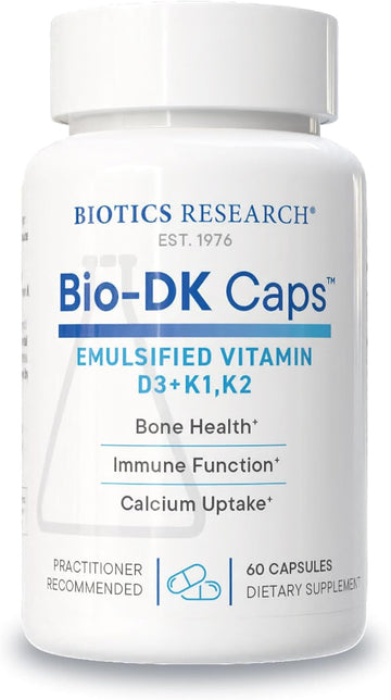 BIOTICS RESEARCH Bio-DK Caps™–Emulsified Vitamin D and K, Vitamin D3 125 mcg & Vitamin K (k1,k2) 550 mcg- MK7– Vitamin D3 K2 K1, Stronger Bones, Musculoskeletal Strength, Healthy Heart & BMI 60 Caps